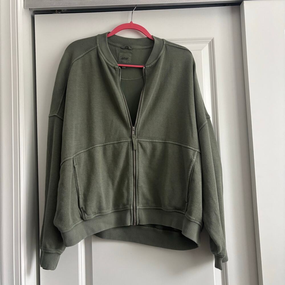 Aerie Full Zip Bomber Jacket Sweatshirt Women's Large Olive Green 100% Cotton